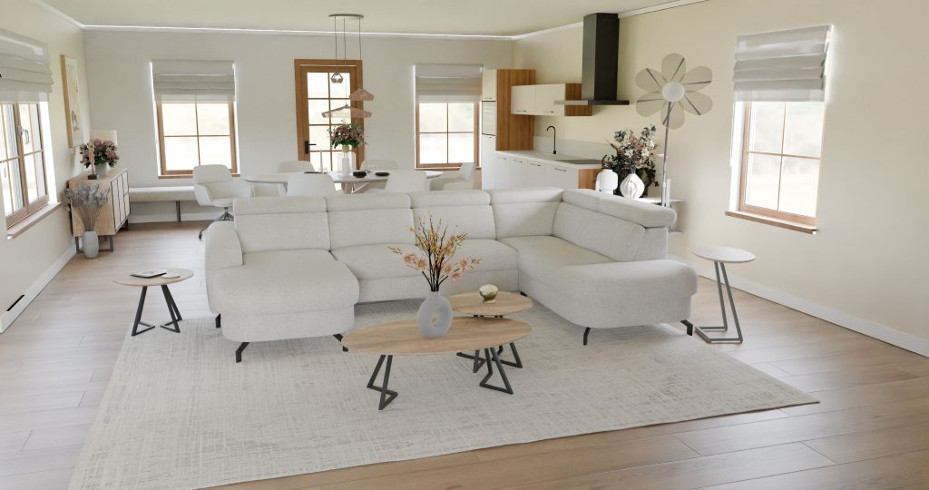 render of living space - sofa, tables, kitchen